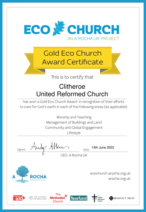 Clitheroe URC ECO Gold Certificate